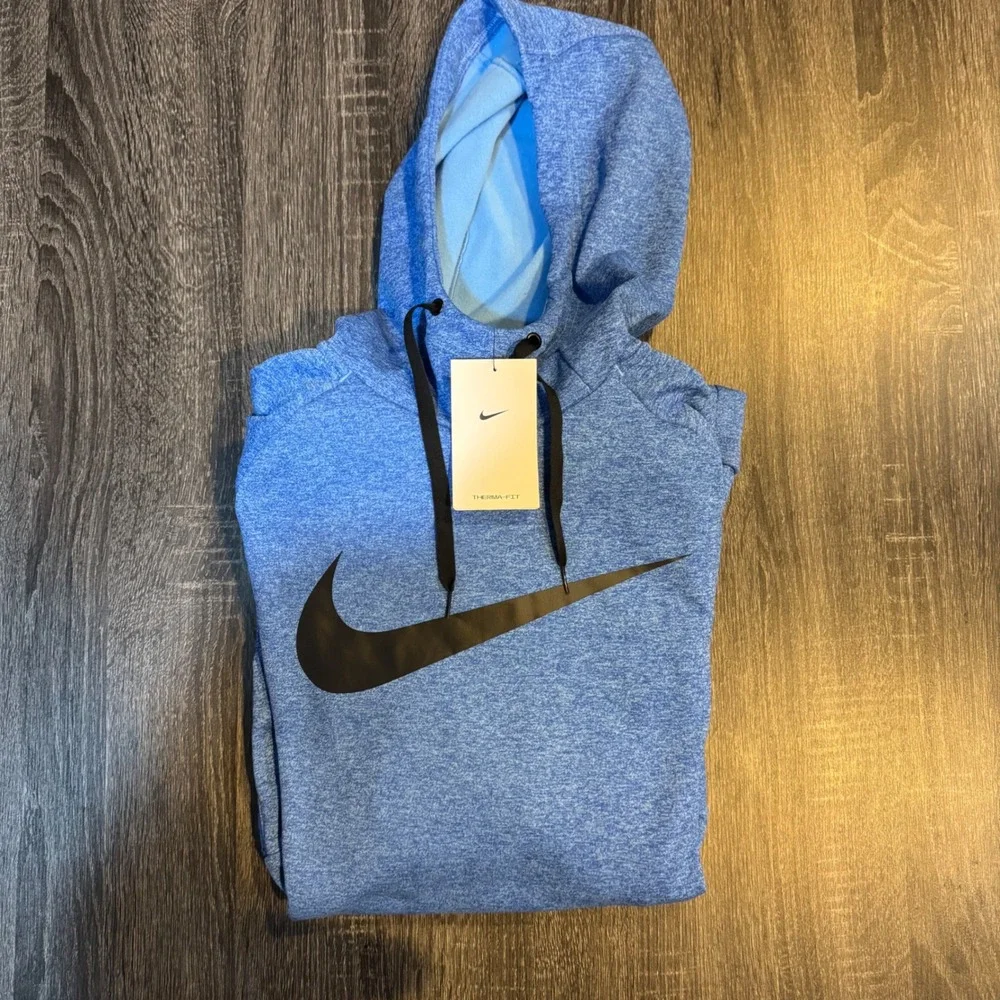 NWT Nike Therma Fit Mens Training Hoodie Blue Swoosh Logo Zipper Pocket Size M &